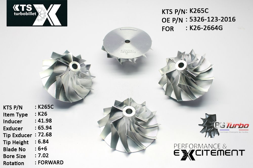 Turbo ROUE FORGÉE MFS PERFORMANCE - 6+6 PALES - INDUCER : 41,98 - EXDUCER : 65,93998 - TYPE : K26ANGLE : 55° - ROTATION : Forward - SUPER BACK : 0 - BORE SIZE : 7,02
